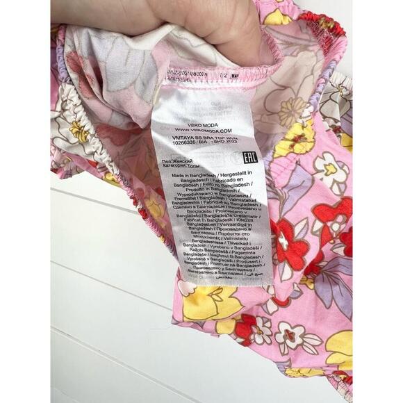 Vero Moda Pink Floral Print Puff Sleeve Tie Front Crop Blouse Size XL - Picture 9 of 10